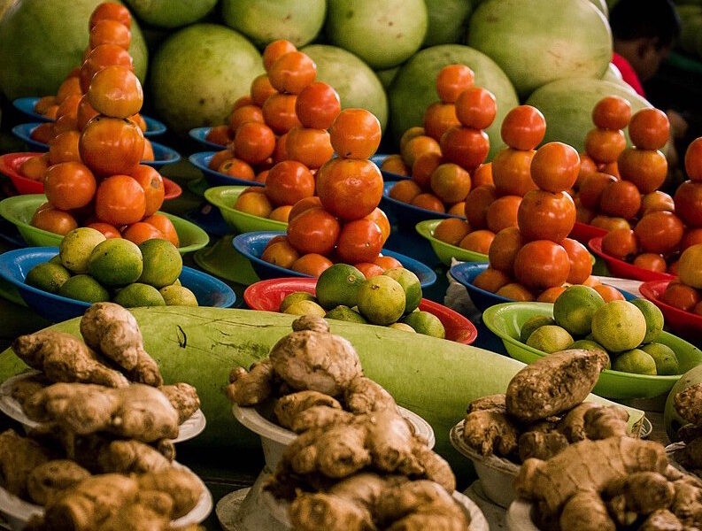 Fruit stacked in bowls at Savusavu Markets, Savusavu.