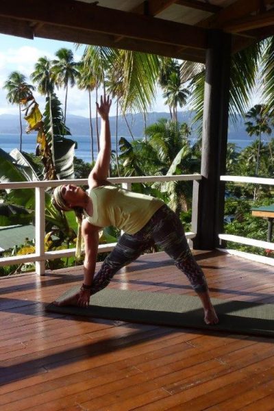 Gabrielle Boswell leads a yoga class on the deck at Daku Resort, Savusavu.