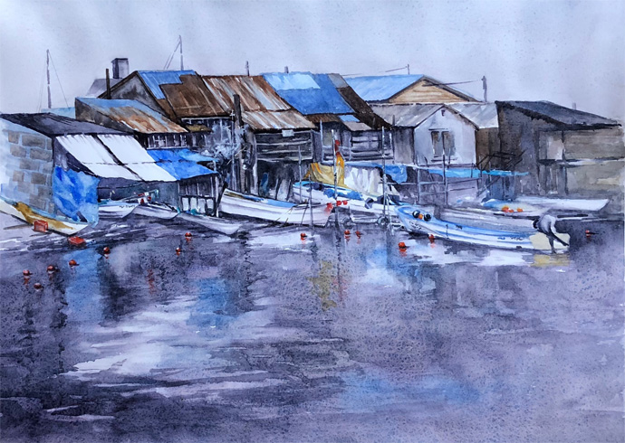 Pat-McKenzie-watercolour-Japanes-Fishign-village